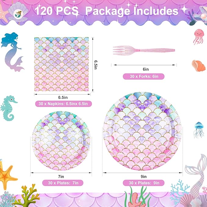 120 Pieces Mermaid Scale Birthday Party Tableware Set - Includes Plates, Napkins, Forks - Ocean Themed Decorations for Girls Party - Ideal for 30 People
