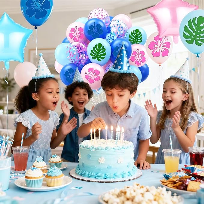 Blue Pink Light Blue Balloon 54Pcs 12 Inch，Cute Print Balloons for Cartoon Themed Birthday Party Decorations Boys Girls Hawaiian Gatherings Party Supplies