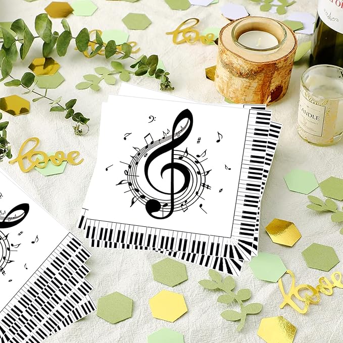 100Pcs Music Note Napkins Notes Party Supplies Disposable Musical Cocktail Luncheon Dinner Napkin for Themed Karaoke Birthday Decorations, Black & White