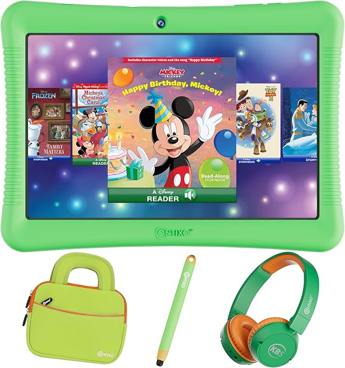 Contixo 10" Android Kids Tablet Bundle - 32GB, 80+ Disney Storybooks ($350 Value), Parental Controls, Kid-Proof Case w/Kickstand & Stylus, Headphones & Sleeve Bag - Green