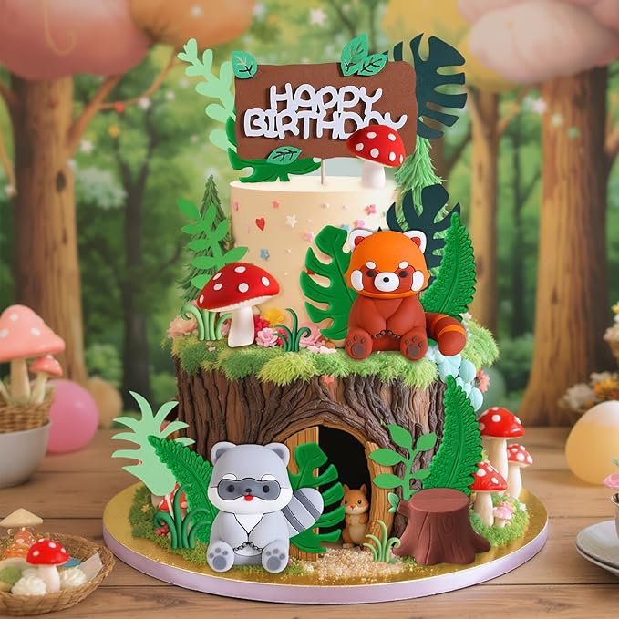Knana 22Pcs Red Panda Cake Toppers Woodland Animal Cake Decorations with Panda Mushroom Cake Decorations for Baby Shower Birthday Party Supplies