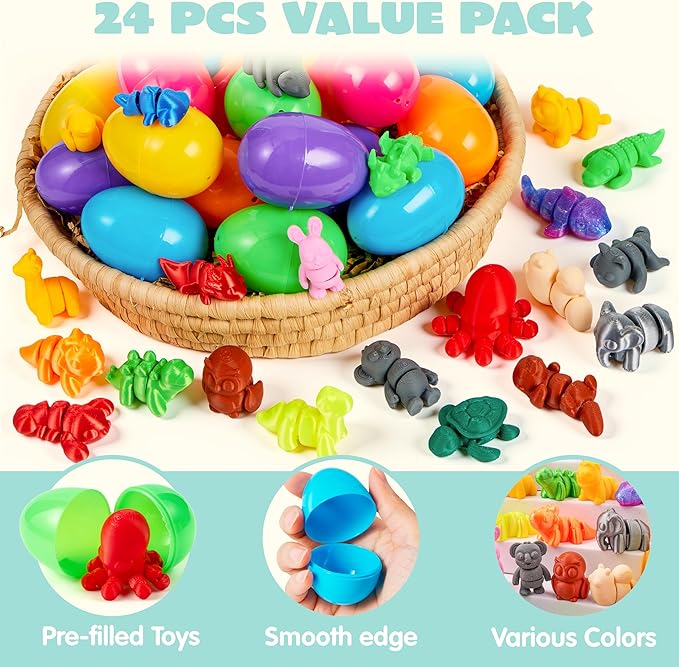 JOYIN 24 Pcs Prefilled Easter Eggs with 3D printed Mini Animals, 3D Articulated Toys for Party Favors, Basket Stuffers, Goodie Bag Fillers, Classroom Prize Supplies, Party Games for Boys & Girls
