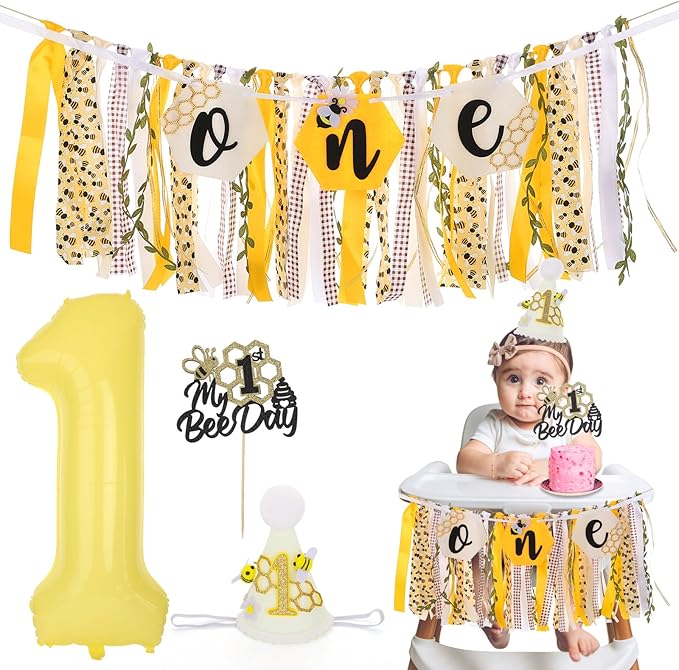 Bee Theme Highchair Banner for Baby First Birthday Party Decorations Happy 1st Bee Day High Chair Tassel Garland for Boys Girls Bumble Bee One Birthday Photo Props Backdrop Decor with Cake Topper