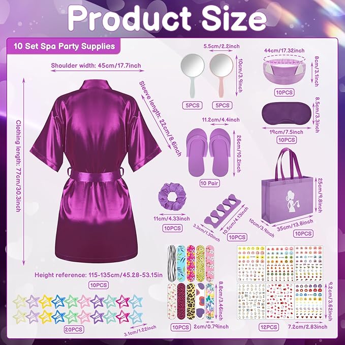 122 Pcs Purple Girls Spa Party Kit, 10-Pack Slumber Party Favors with Satin Robes, Tote Bags, and Nail Salon Accessories for Kids Spa Birthday, Halloween, Home Party Supplies