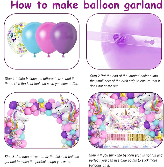 Unicorn Party Decorations Kit - 135-Piece Set with 3D Foil Balloons, Backdrop, Table Cover, Tassel Curtains & Garland Making Supplies - Pink, Rose Gold, Purple Theme (Includes Balloon Arch Kit)
