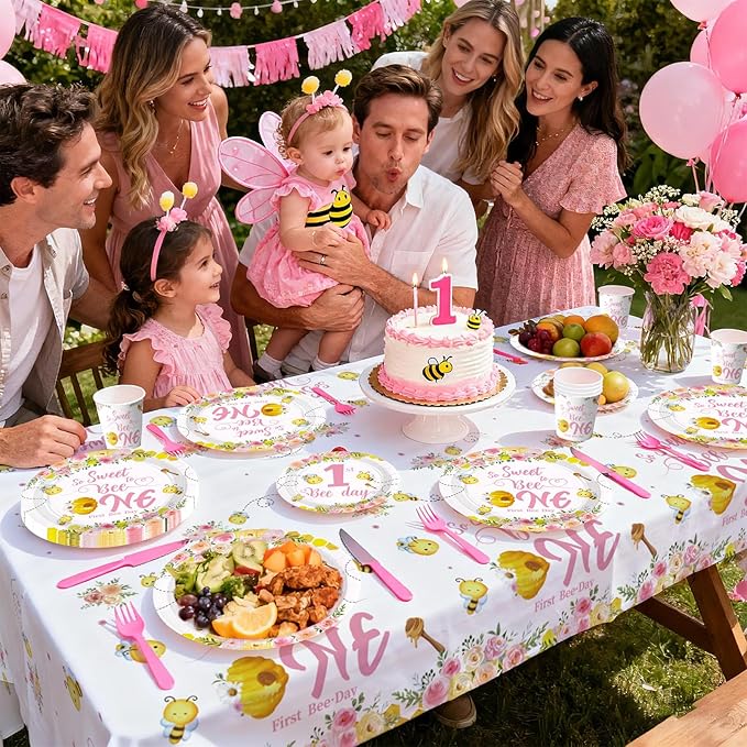 170Pcs Pink Bee 1st Birthday Party Supplies Honey First Theme Plates and Napkins Tableware Sets So Sweet to Bee One Birthday Party Decorations for Girls One Year Old Party,Serves 24