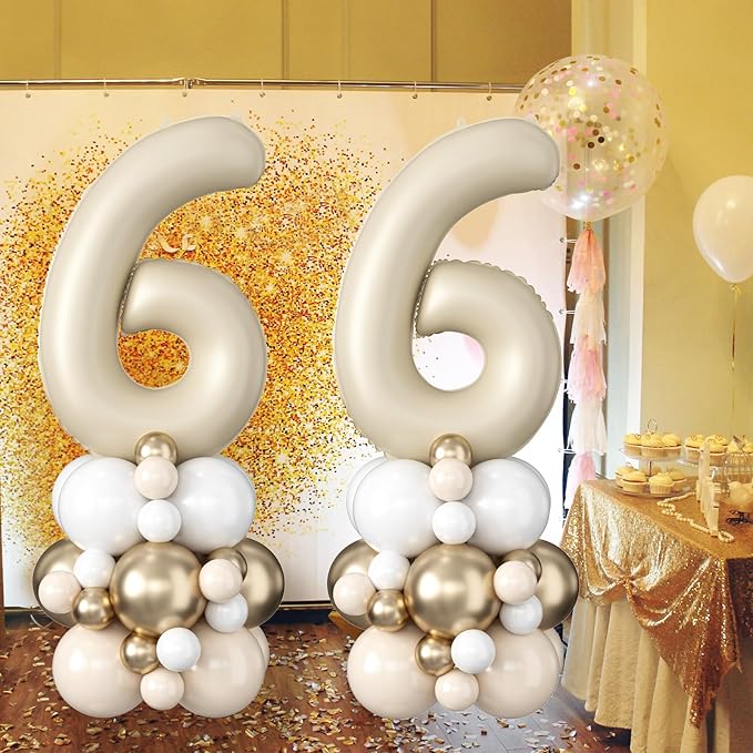 40 Inch Cream Number 6 Birthday Balloon Beige White Sand Number Six Foil Balloon Tower Giant Large Nude Neutral Digit Helium Balloons Stack Stand for Girls Boys 6th Anniversary Party Decorations