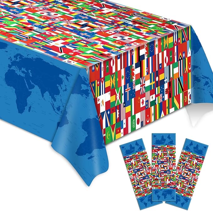 3 Pieces International Flag Tablecover World Flag Party Tablecloth Decorations Disposable Plastic Table Cover Birthday Party Decor Supplies Favors Outdoor Indoor