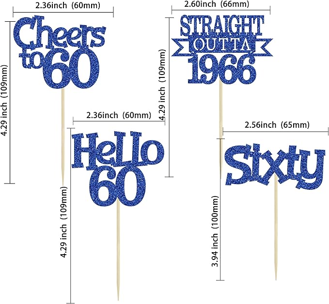 Ephlyn 24Pcs Happy 60th Birthday Cupcake Toppers Glitter Straight Outta 1966 Cupcake Picks Hello 60 Cheers to 60 Years Birthday Cake Decorations for 60th Birthday Anniversary Party Supplies Blue