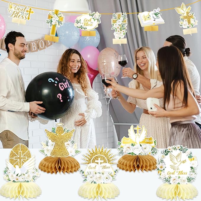 party greeting 14Pcs White Gold Floral Decoration Honeycomb Centerpieces God Baptism Decoration God Bless Centerpieces for Table Decoration First Communion Party Supply Centerpieces Double Side Table