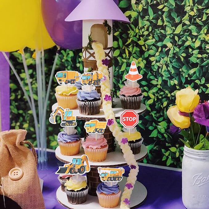 32 Pack Construction Cupcake Toppers Dump Truck Excavator Tractor Party Stop Sign Cupcake Picks Kids Birthday Construction Theme Baby Shower Party Cake Decorations Supplies