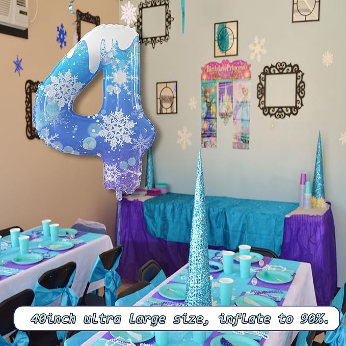 40 Inch Frozen Balloons Number 4 Birthday Balloons Decorations for Girls Birthday Snowflake Themed Party Supplies Winter Party Decorations (Blue Snowflake, number 4)