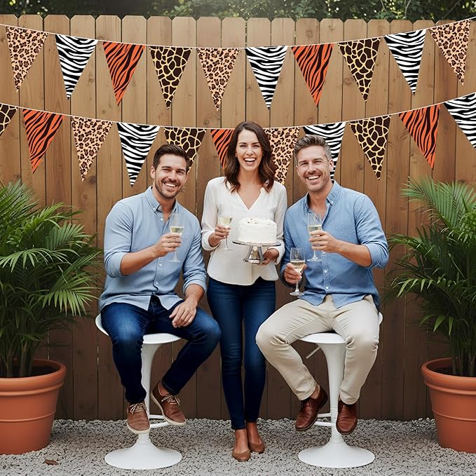 HESTYA 5 Pieces 49 Feet Safari Party Pennant Banner Jungle Party Decorations Wild Animal Triangle Flags Bunting Banners for Safari Jungle Zoo Birthday Wild One Decorations Supplies