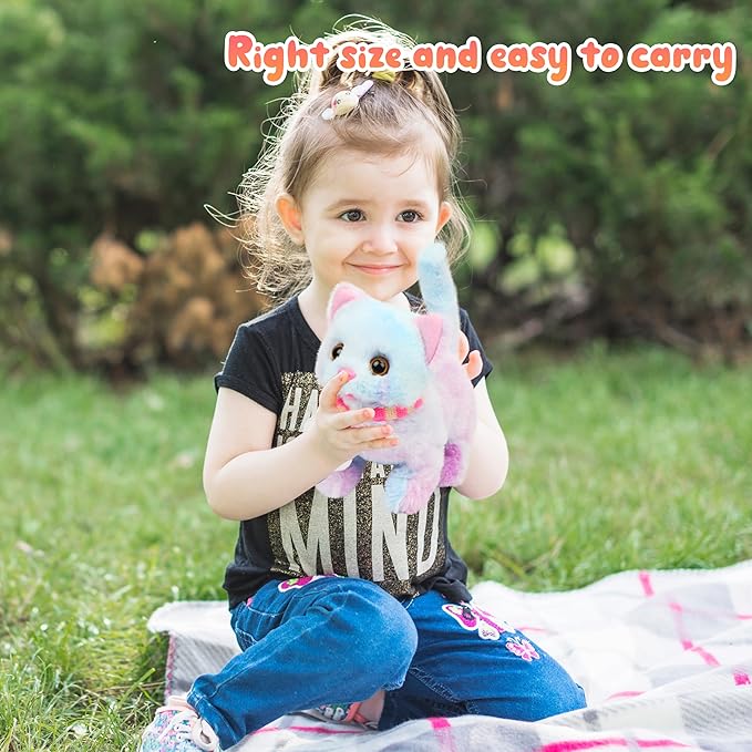 Easfan Walking Kitty Plush Toy Electric Interactive Cat Stuffed Animal Meowing Tail Wagging Head Nodding Cat Pet Toy Animated Kitten Birthday for Kids Toddlers,7.5’’ (Rainbow)