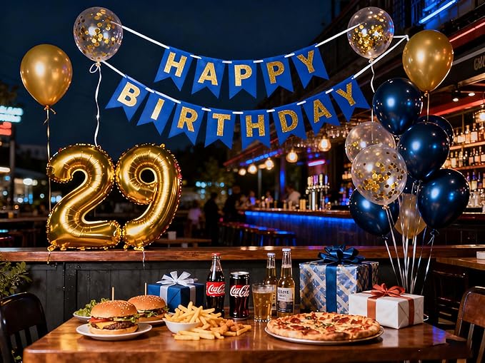 29th Birthday Decorations for Men, Navy Blue 29th Birthday Banner Gold Number 29 Foil Balloons Metallic Confetti Balloons 29th Birthday Party Supplies for 29 Years Old Him(29th)