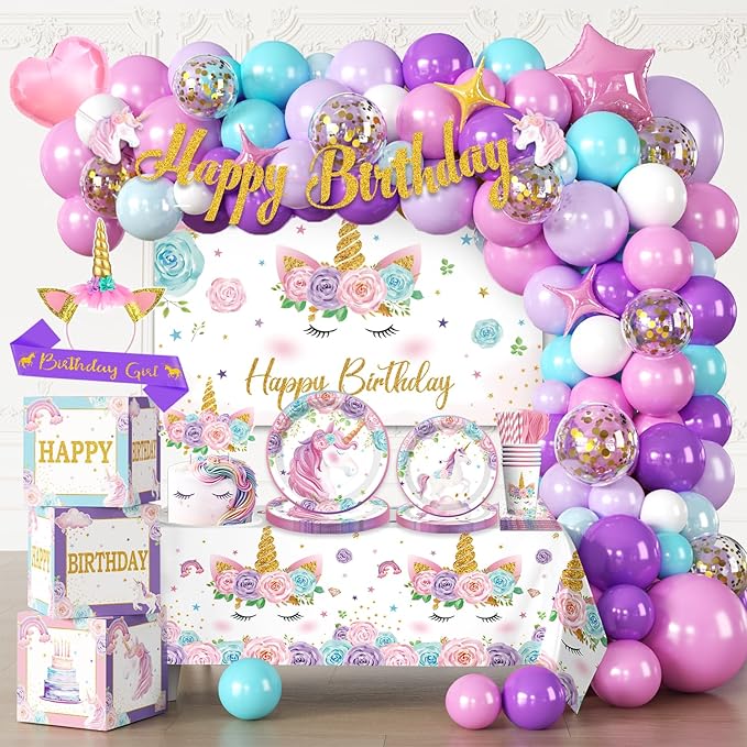 cocomigo 246PCS Unicorn Birthday Decorations Set, All-in-One Party Supplies Pack with 20 Plates, Purple Unicorn Party Supplies for Girl Birthday Party, Serves 20 Guests