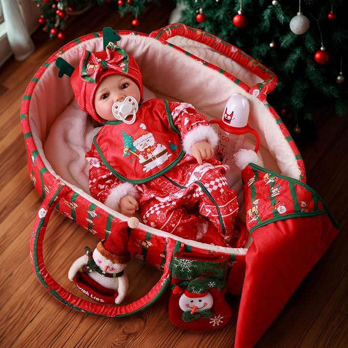 BABESIDE Reborn Baby Doll Clothes Set with Bassinet – 9 Pcs Christmas Reborn Baby Doll Accessories & Clothes with Bottle and Socks for 17-22 Inch Realistic Dolls for Girls