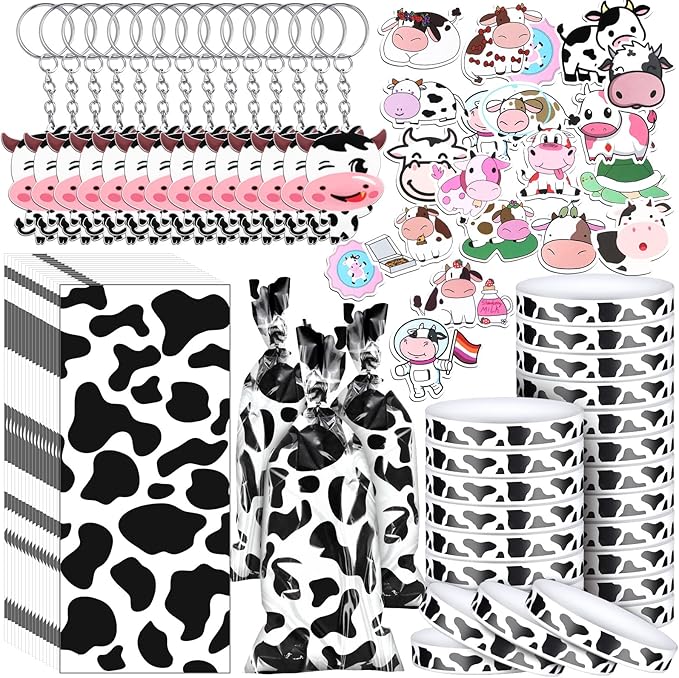 Chunful 148 Pcs Cow Party Favors Include Cow Print Gift Bag Cute Keychain Elastic Silicone Bracelets Animal Stickers for Birthday Party Supplies