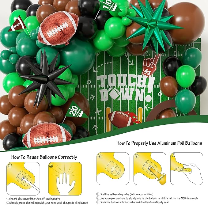 Football Balloon Arch Kit,Football balloons for Birthday Decorations,Green and Brown Balloons Big Football Foil Balloons Party Supplies for boys
