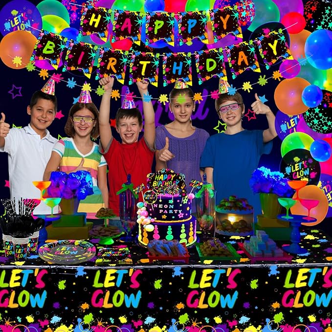 225 Pieces Glow Neon Party Supplies - Balloon, in the Dark Birthday Banner, Garlands, Cake Topper, Tablecloth, Plates, Napkins and Cup for Blacklight Decorations, Serves 20 Guest