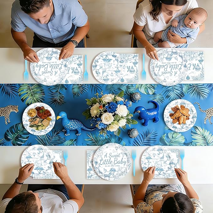 96Pcs Blue Safari Animals Baby Shower Decorations Toile De Jouy Plates and Napkins Baby is on The Way Tableware for Chinoiserie Baby Shower Gender Reveal Party Supplies Serves 24