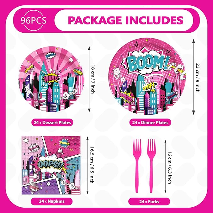 96Pcs Pink Hero Birthday Party Decorations for Girls Hot Pink Comic Hero Plates and Napkins Tableware Sets Super Theme Decorations for Kids Baby Shower Spider Hero's Themed Party Favors Serves 24