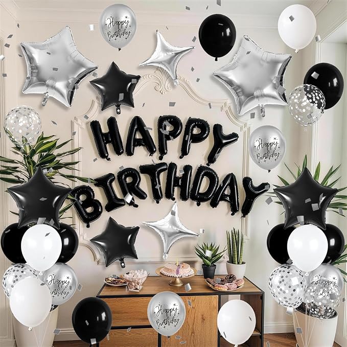 Black and Silver Birthday Decorations for White Black Silver Metallic Print Party Balloons Confetti Balloon Happy Birthday Banner 18/10 Inch Heart Balloons Star Balloon for Men Bday Party Supplies