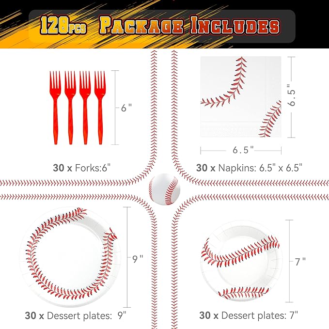 120 Pcs Baseball Party Supplies Bundle Paper Plates Napkins Baseballs Party Birthday Decorations Baseball Tableware For Kids Serves 30