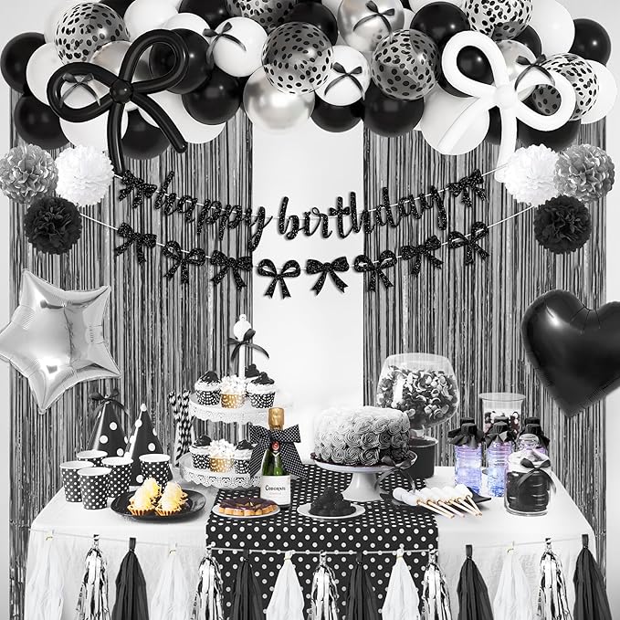 Black Bow Birthday Party Decorations, Coquette Bow Black and White Silver Confetti Long Balloons Happy Birthday Banner Fringe Curtain Tassel Pompoms for Women Girls Theme Baby Shower Party Supplies