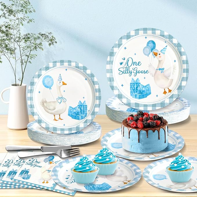 180PCS One Silly Goose Party Supplies Serve 60,Goose Theme Paper Plates and Napkins Kit for Baby Shower Birthday Party Decorations