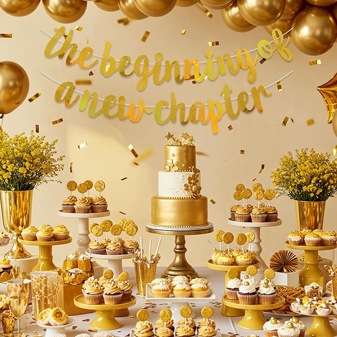 BEISHIDA Double-Sided Gold The Beginning of A New Chapter Banner,Farewell Book Themed Housewarming Party Congratulations Decorations,Going away party Garland,Graduation Sign 2026 Banner,retirement Supplies