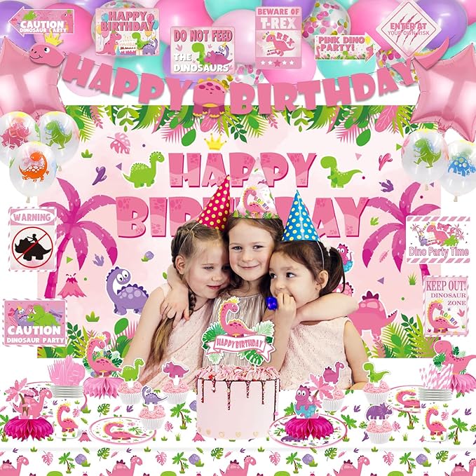 Girl Dinosaur Party Supplies, 206Pcs Pink Dinosaur Dino Themed Bday Party Decor Decorations for Girls - Backdrop, Banner, Tablecloth, Centerpieces, Plates, Stickers, Wall Signs