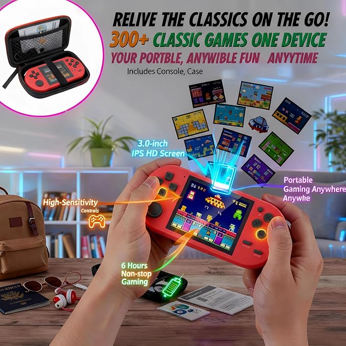 16-Bit Handheld Game Console - 3 Inch HD Screen 300-in-1 Retro Games - Portable Classic Video Game Player for Kids & Adults, Include Protective Carrying Case (Red)
