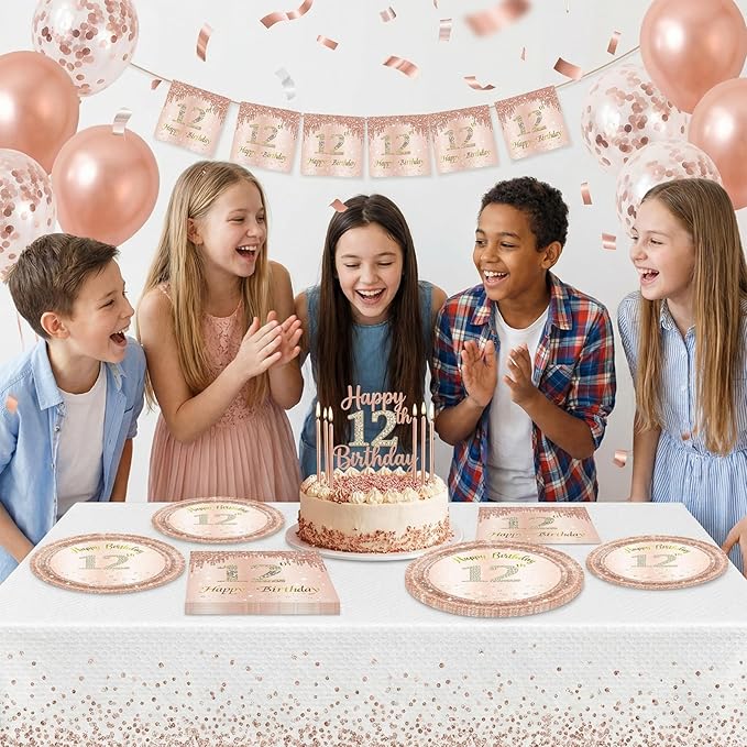 40Pcs 12th Birthday Decorations for Girls Rose Gold 12th Birthday Party Plates and Napkins Happy 12 Years Party Theme Tableware Disposable 7'' Paper Plates, Napkins for Her,Girls Teen Party Supplies