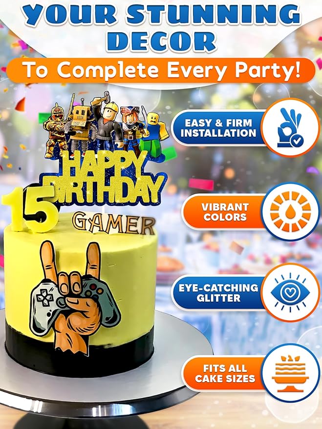 Video Game Cake Topper Decorations - Vibrant Glitter Cardboard Gamer Cake Topper, Eye-Catching Design, Firm Installation & Easy Adjusting, Sturdy Plastic Stick - Birthday Decorations for Boys & Girls