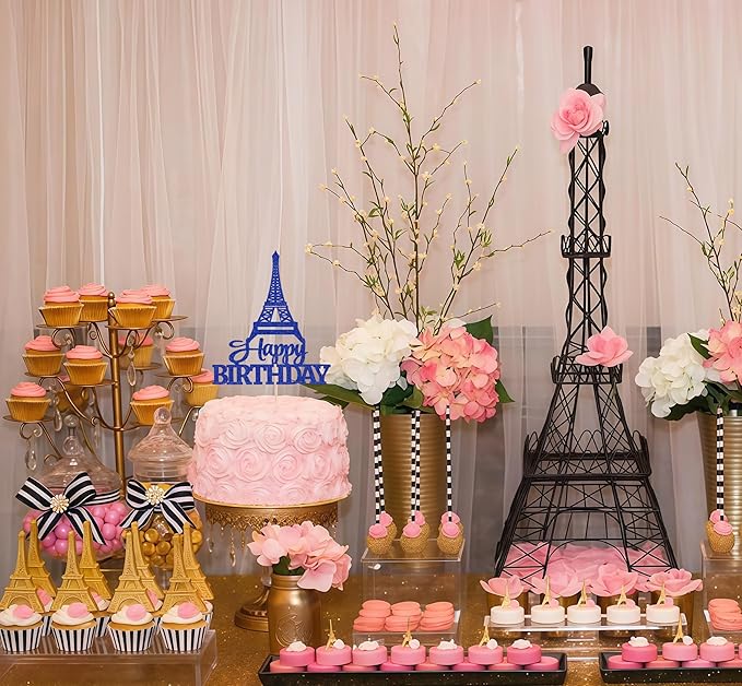 Eiffel Rower Birthday Cake Topper - Royal Blue Glitter Eiffel Rower Theme Birthday Party Cake Decoration Supply - Boy or Girl Architecture Theme Party Cake Decor Photo Prop