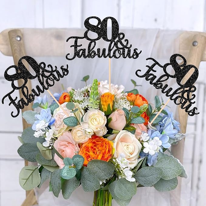 12 PCS 80 and Fabulous Centerpiece Sticks Double Sided Happy 80th Birthday Table Flower Centerpieces Sticks Cheers to 80 Floral Decorations for 80th Birthday Anniversary Party Supplies Black