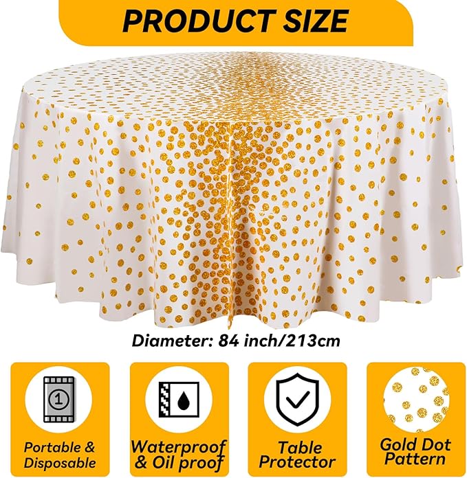 VitalCozy Round Dot Tablecloth 84 Inch Plastic Table Cover Polka Dot Confetti Tablecloths for Easter 2026 Graduation Prom Wedding Birthday Spring Party Supplies(White and Gold,3 Pcs)