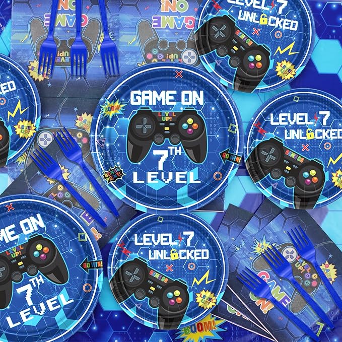 81 Pcs Video Game Party Supplies 7th Birthday Video Game Party Decor Dinner Plates Napkins Video Game Tablecloth Forks Gaming Party Favors for Boy 7th Birthday Party, Serves 20