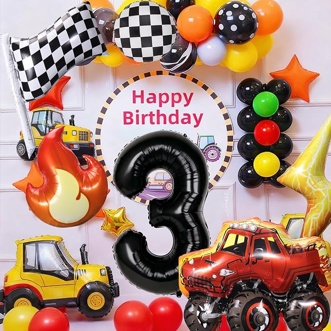 Truck Number 3 Balloons, Huge Truck Flags Lightning Flame Stars Aluminum Foil Balloons for 3rd Birthday, Race Car Theme Party Decorations Supplies