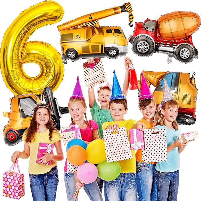 Construction Birthday Party Supplies 6 Year Old, Large Construction Balloons 40Inch Gold Number 6 Balloons Construction Truck Foil Balloons for Boys 6th Construction Birthday Party Decorations