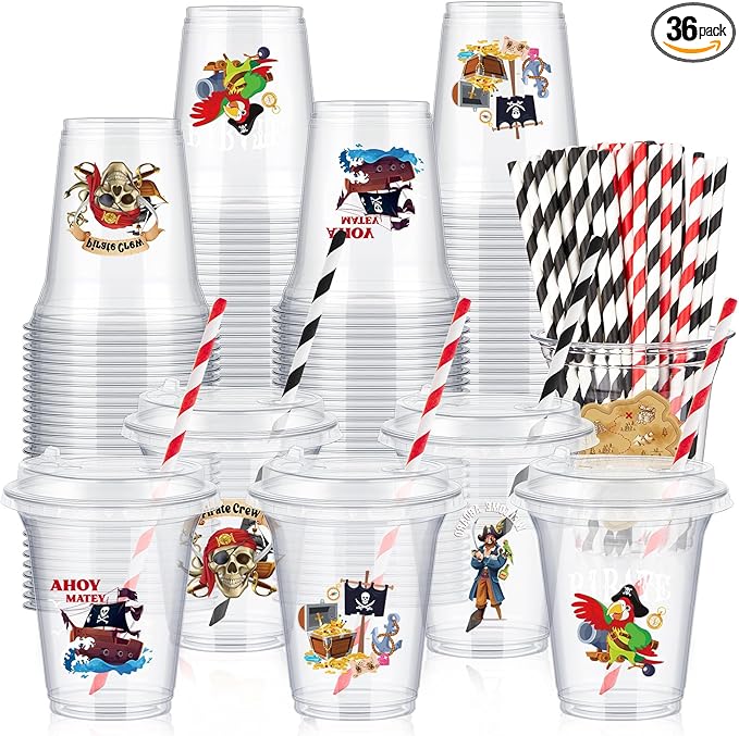 Boao 36 Sets Pirate Party Cups with Lids and Paper Straws 14 oz Skull Crossbones Treasure Drinking Cups Bulk for Halloween Pirate Birthday Baby Shower Party Supplies