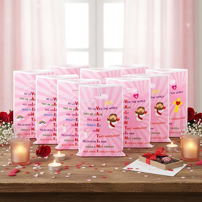 Valentine's Day Party Favor Bag - 50Pcs Valentine's Day John 3:16 Goody Candy Treat Gift Bag Religious Christian Cross Valentine Decor for Kid Adult Church VBS Sunday School Classroom Exchange Wedding