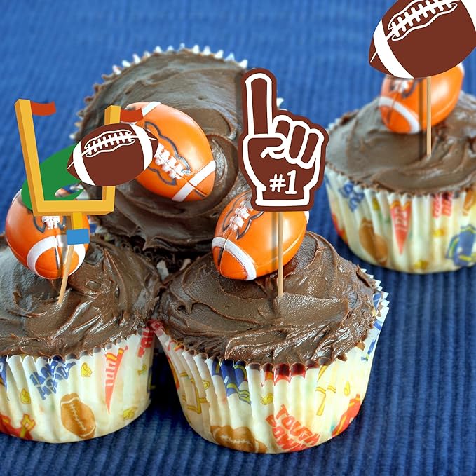 24 Pcs Football Cupcake Toppers, Disposable Foot Ball Themed Toothpicks, Touchdown Players Flagship Cake Toppers, Football Party Decorations 2026 for Sports Theme Baby Shower Party Supplies