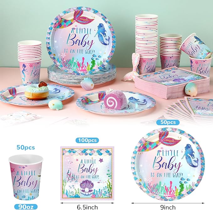 200 Pcs Mermaid Baby Shower Paper Plates Napkins Cups Under the Sea Baby Shower Party Supplies Tableware Set Purple Green Disposable Cup Napkin for 50 Guest Girls Spring Party Decoration