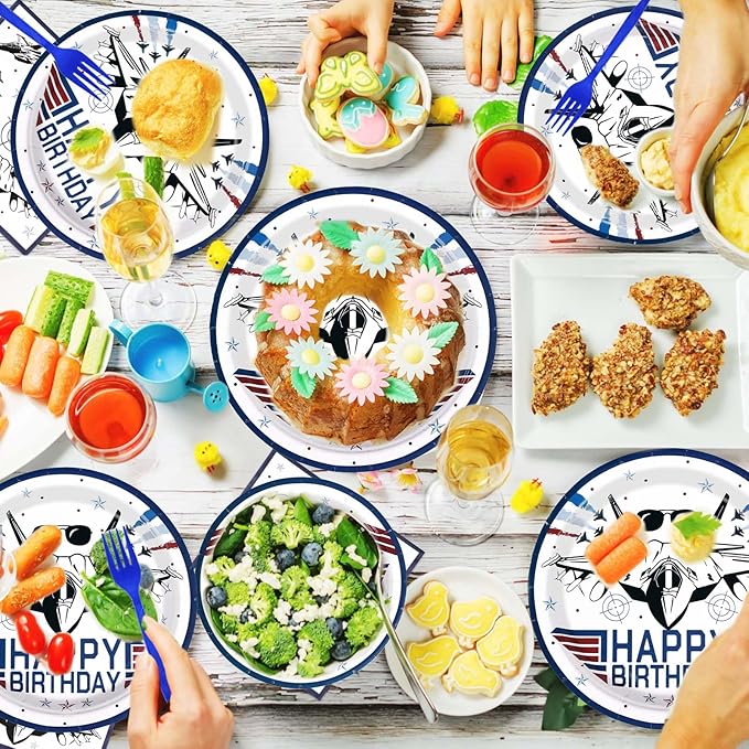 96 Pcs Fighter Jet Pilot Birthday Decorations Military Jet Plates and Napkins Top Air Force Gun Tableware Set Airplane Birthday Party Decorations for Pilot Aviation Aircraft Party Supplies Serves 24
