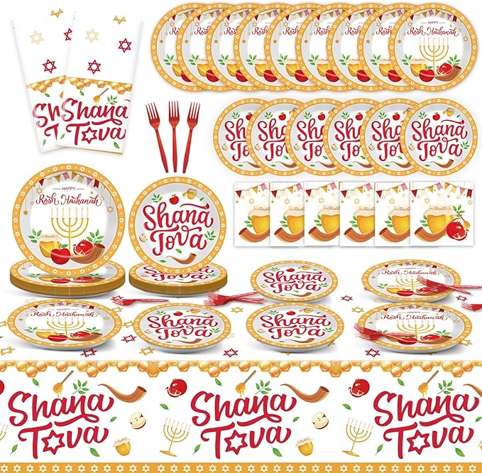 98 Pcs Rosh Hashanah Party Supplies Jewish New Year Plates Shana Tova Party Tablecloth Rosh Hashanah Party Decorations for Kitchen High Holy Day Tableware Paper Forks Napkins Plates for 24 Guests