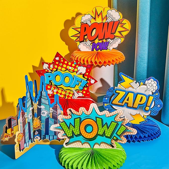 10 Pieces Hero Themed Party Decoration Hero Themed Honeycomb Centerpieces 3D Table Topper Paper Large Word Action Sign Standing Cards for Birthday Baby Shower Decor Party Supplies