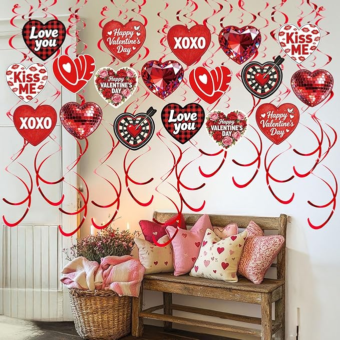 48 Pcs Red Heart Hanging Decor Set with Diamond, Disco Ball, Dartboard & XOXO Designs – Romantic Swirl Streamers for Valentine's Party, Anniversary, Holiday Celebration