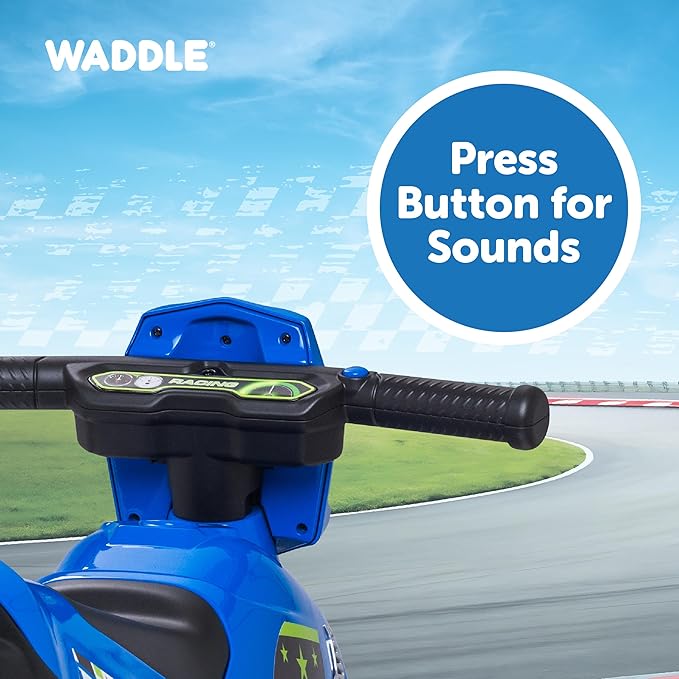Waddle Kids Motorcycle Balance Bike - Toddler Ride on Toys w/Sounds, Wide Wheel Base, Rubber Coated Wheels, Foot to Floor Toddler Car Up to 44 Lbs, Motorbike for Kids Ages 18 Months to 3 Yrs, Blue